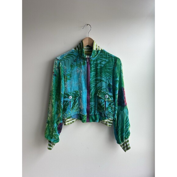 Custo Barcelona Silk Multi Color Zip Up Jacket Peacock Crushed Velvet Size 40 - Picture 1 of 11